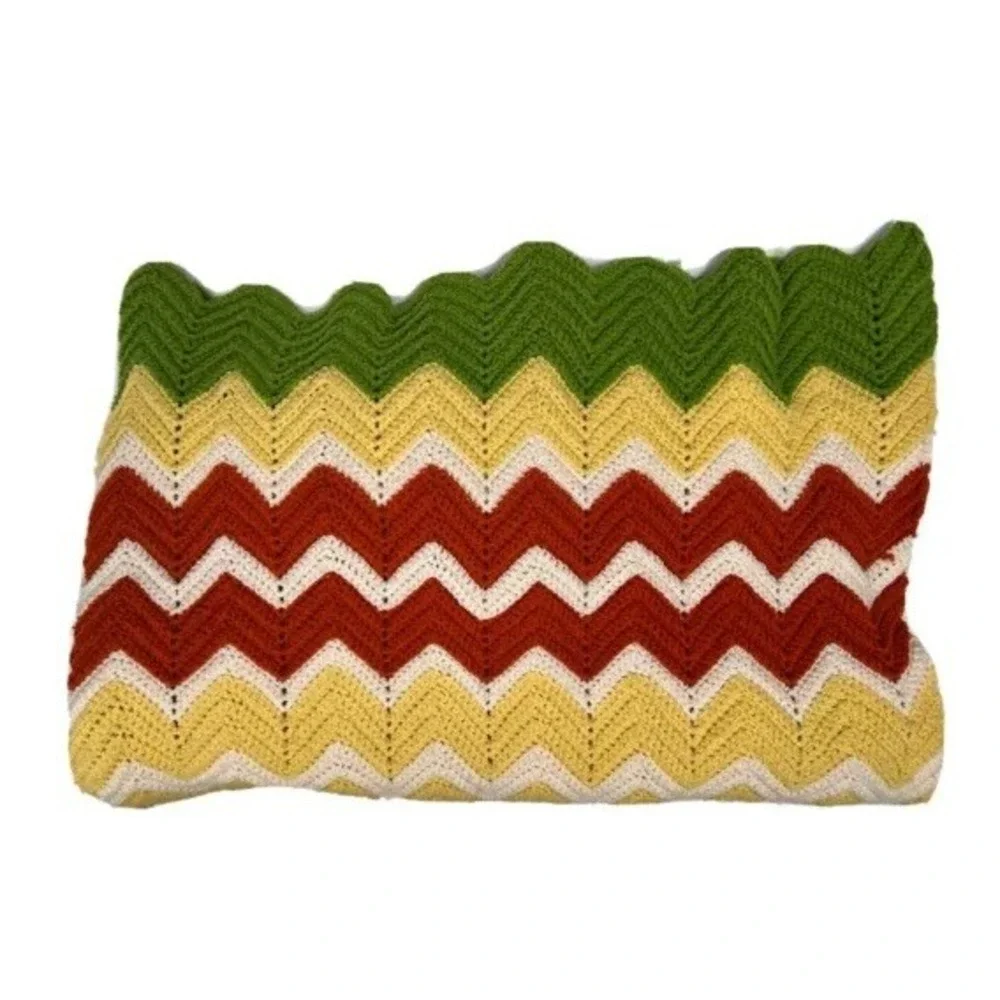 Vintage Throw Blanket Retro Crochet Afghan Large Granny Handmade Zig Zag Chevron